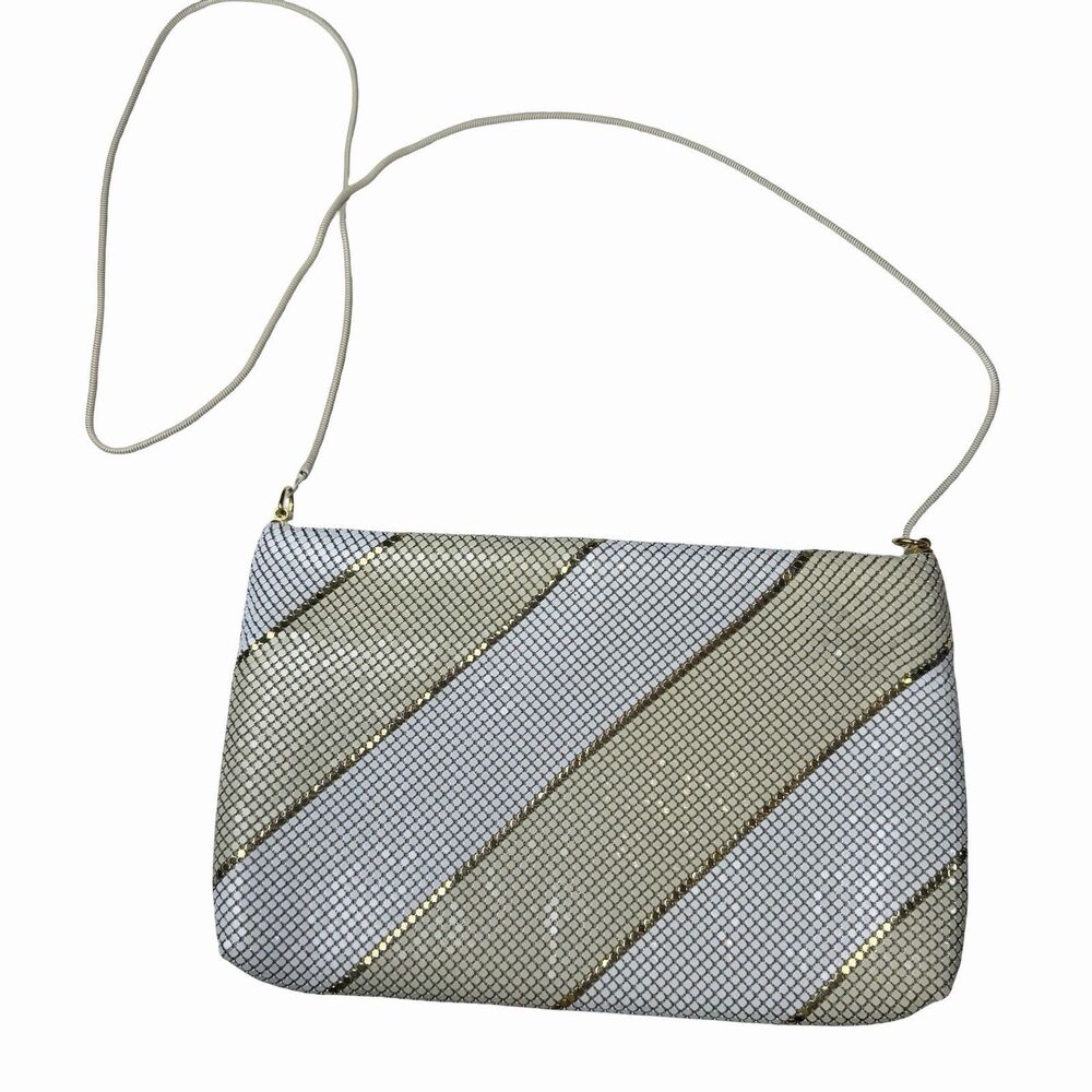 Vintage Gold and White Striped Evening Bag Mesh Clutch with Chain Strap 80s 90s